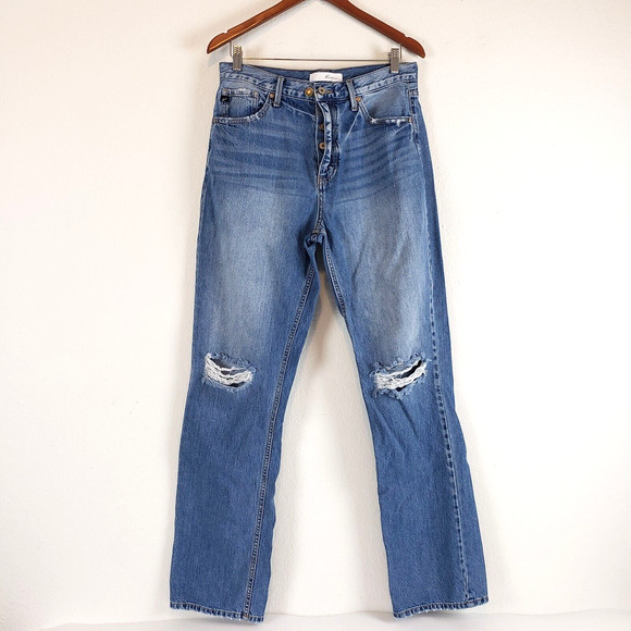 Kancan Jeans Womens 9/28 KC8678M Blue Straight High Waist Button Fly Distressed - Picture 1 of 10